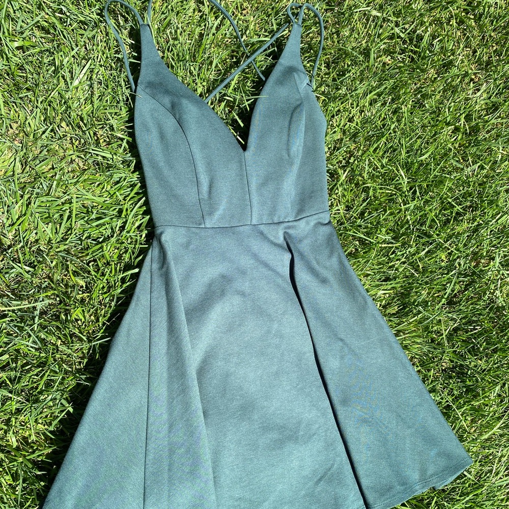 Cutest forest green v neck open back strappy dress